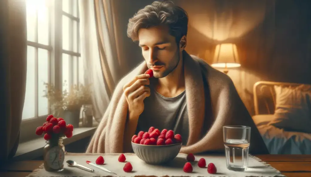 chory i gorączkujący mężczyzna zjada owoce maliny